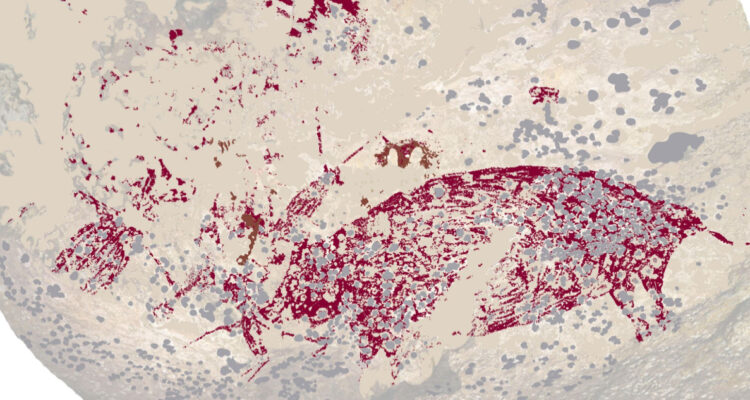Imagen del arte rupestre más antiguo del mundo, muestra a tres humanos junto a un enorme cerdo