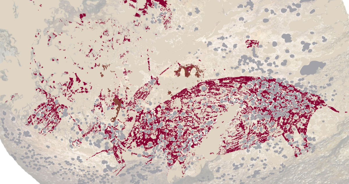 Imagen del arte rupestre más antiguo del mundo, muestra a tres humanos junto a un enorme cerdo