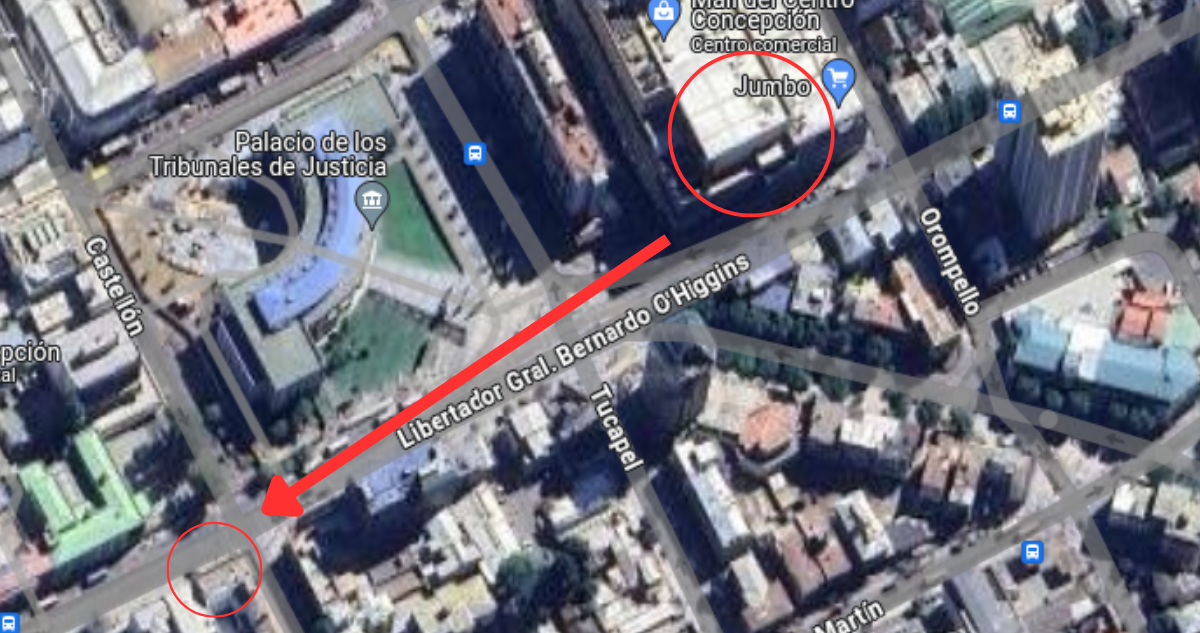 Mapa de Concepción por ataque a Guardia de Mall del Centro
