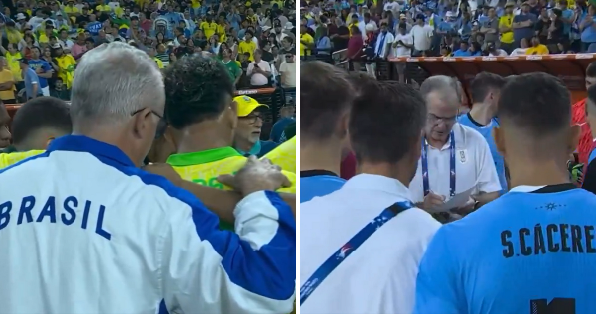 Bielsa en el centro y Dorival excluido: la escena del Brasil-Uruguay que da la vuelta al mundo