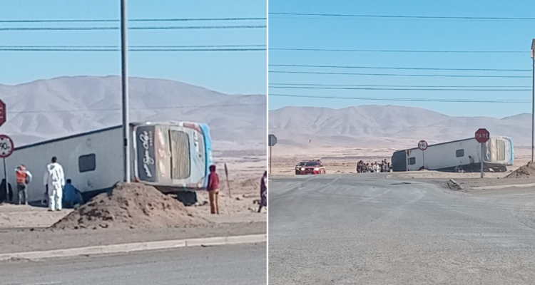 Imágenes del bus volcado en la Ruta 5 norte a la altura de Victoria.