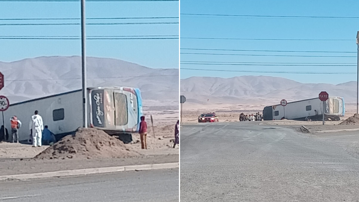 Imágenes del bus volcado en la Ruta 5 norte a la altura de Victoria.