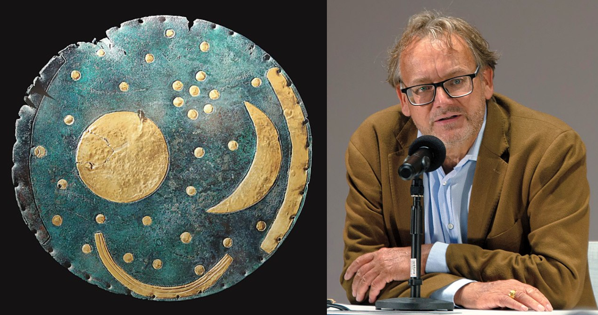 A la izquierda el Disco Celeste de Nebra, que es el mapa de estrellas más antiguo del mundo, y a la derecha, el arqueólogo Harald Meller, que lo encontró.