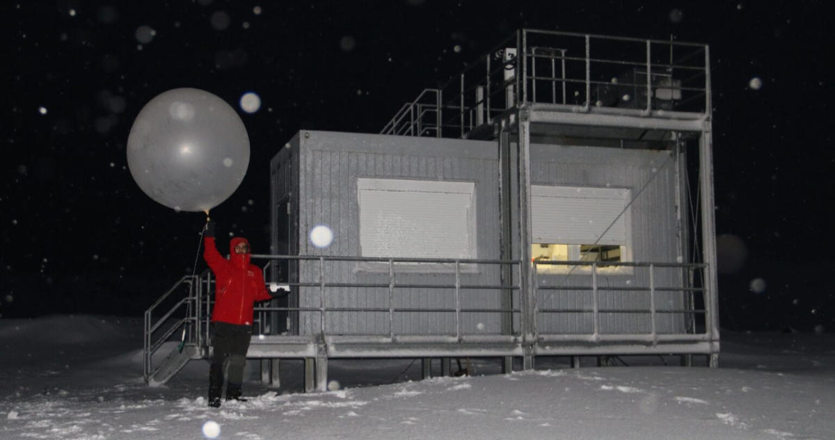 Investigador lanzando un globo sonda en la isla Rey Jorge