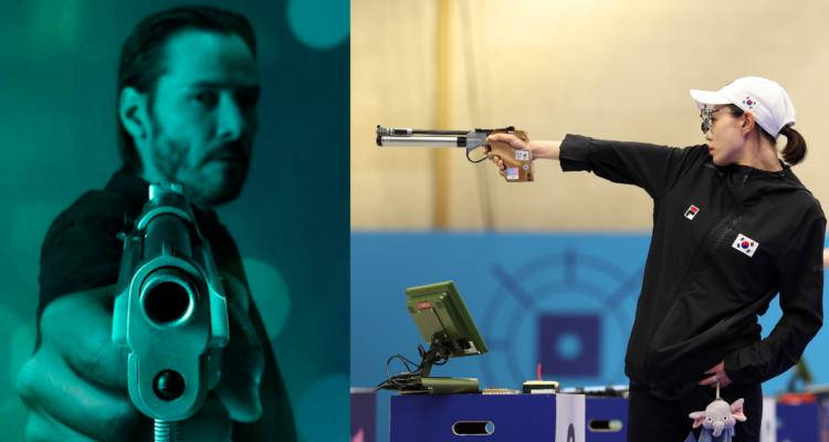 Poster de John Wick (izquierda) y fotografía de Kim Yeji, tiradora olimpica surcoreana en JJOO 2024 (derecha)