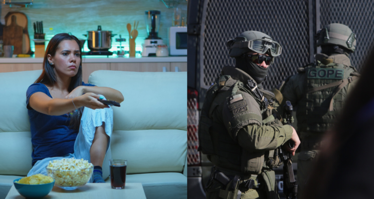 Mujer viendo la televisión preocupada (izquierda) y Personal de GOPE en parcela de Lampa donde asesinaron a cinco personas en referencia a sensación de inseguridad