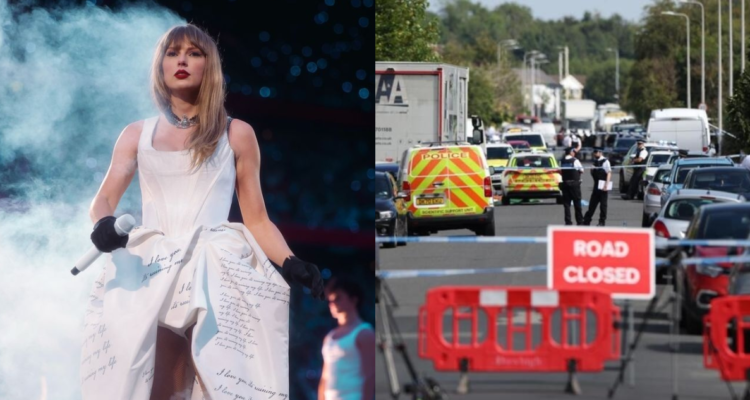 Taylor Swift (izquierda) y calle cerrada por ataque a niños en clase de yoga inspirada en su música (derecha)