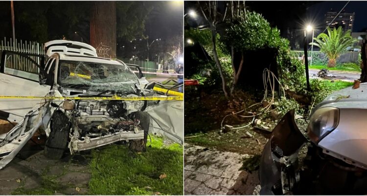 Auto con 7 ocupantes protagoniza accidente en Ñuñoa: dañó árbol, poste, casa, vehículo y una moto