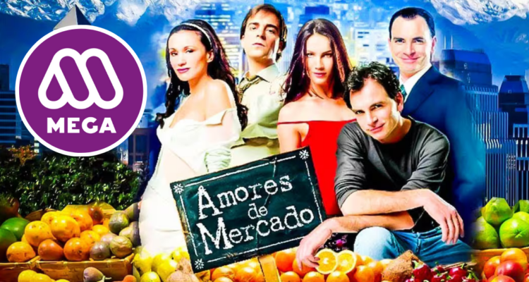 Elenco en foto promocional de Amores de Mercado de TVN y logo de Mega en referencia a remake