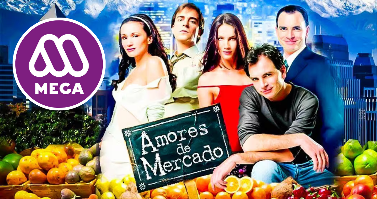 Elenco en foto promocional de Amores de Mercado de TVN y logo de Mega en referencia a remake
