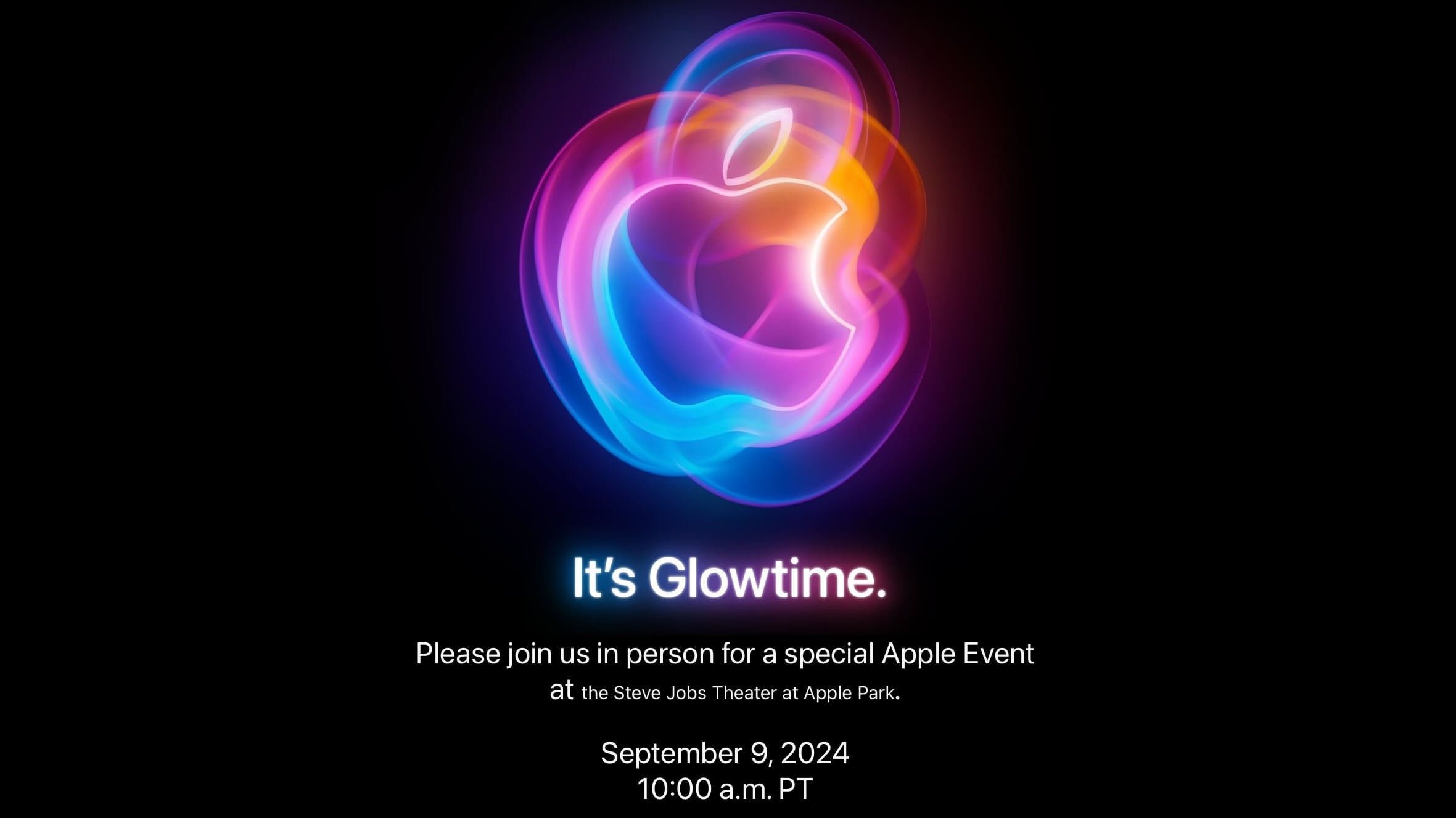 Captura de pantalla de la invitación al próximo evento de Apple, donde lanzarán los nuevos iPhone 16 y otros productos.