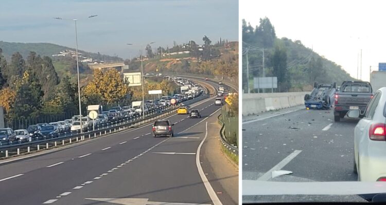 Accidente de tránsito deja auto volcado en Ruta Troncal Sur en Quilpué: hay taco kilométrico