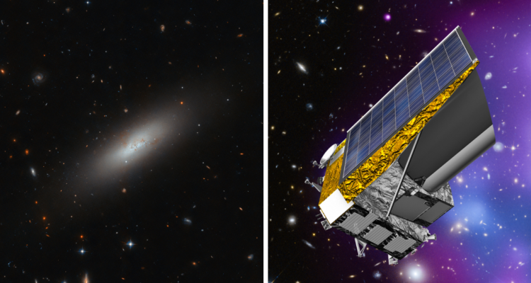 Galaxia e ilustración del telescopio Euclid, en referencia a bsuqueda de cazagalaxias voluntarios de la ESA, Agencia Europea Espacial