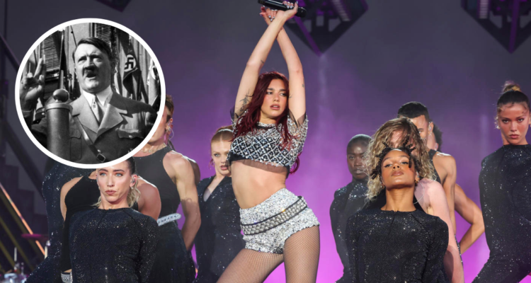 Dua Lipa en concierto y miniatura de Adolf Hitler en referencia a bombas encontradas en su casa