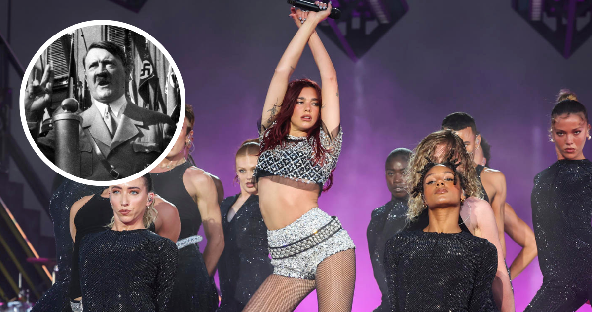 Dua Lipa en concierto y miniatura de Adolf Hitler en referencia a bombas encontradas en su casa