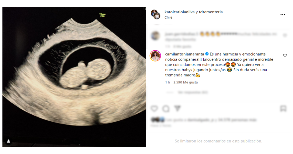 Captura de felicitaciones de Camila Vallejo a Karol Cariola por su embarazo