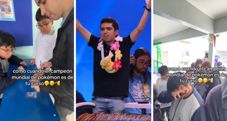 Compañeros de colegio de Fernando Cifuentes, actual campeón mundial del Pokémon Trading Card Game (TCG), hacen fila para obtener el autógrafo del joven chileno.