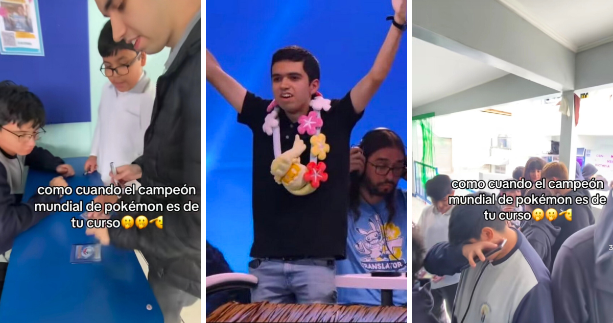 Compañeros de colegio de Fernando Cifuentes, actual campeón mundial del Pokémon Trading Card Game (TCG), hacen fila para obtener el autógrafo del joven chileno.