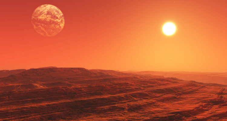 Ilustración surrealista de cómo seria Marte en referencia a mapa global del planeta