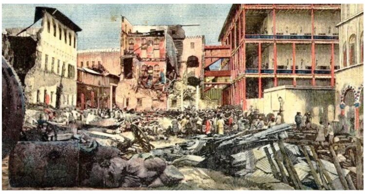 El palacio de Zanzíbar tras ser bombardeado en la Guerra de los 38 minutos.