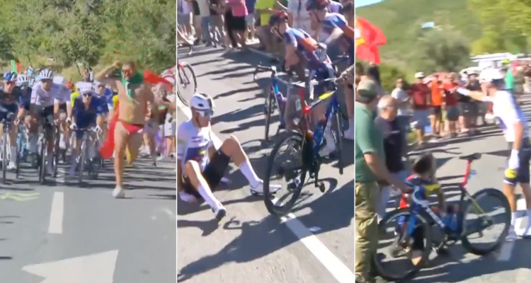 Hinchas ebrios generan caos en La Vuelta de España al protagonizar masiva caída.