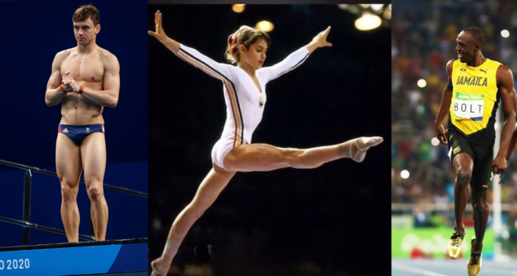 Tom Daley en Tokio 2020 (izquierda); Nadia Comaneci en Montreal 1976 (centro) y Usain Bolt en Río de Janeiro 2016 (derecha)