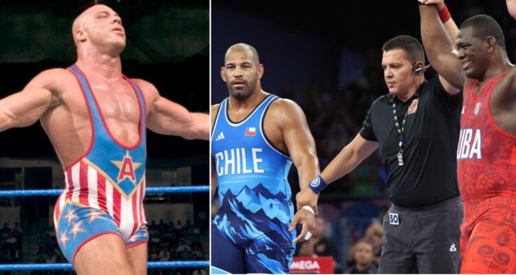 Kurt Angle a los pies de Mijaín López tras su triunfo ante Yasmani Acosta en los JJOO de París 2024