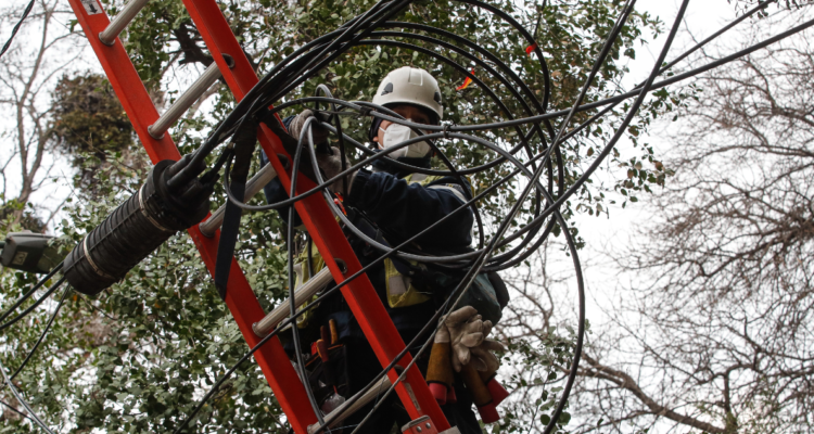 Trabajador reponiendo suministro eléctrico en La Araucanía