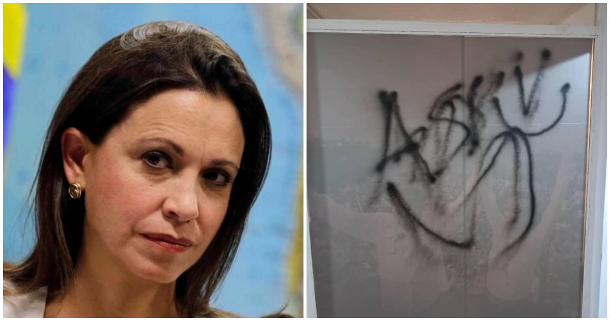 María Corina Machado (I) | Rayado en la sede de Vente Venezuela (D)
