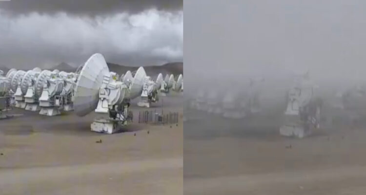 Antenas del Observatorio ALMA ocultas por la niebla