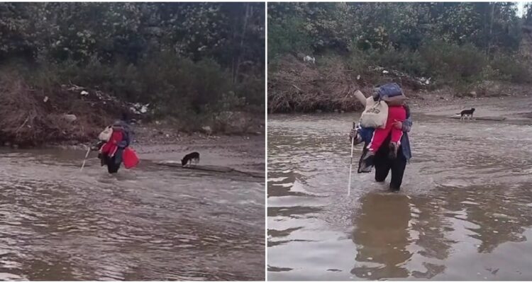 Padre ciego cruza con hijos estero Marga Marga para llevarlos al colegio
