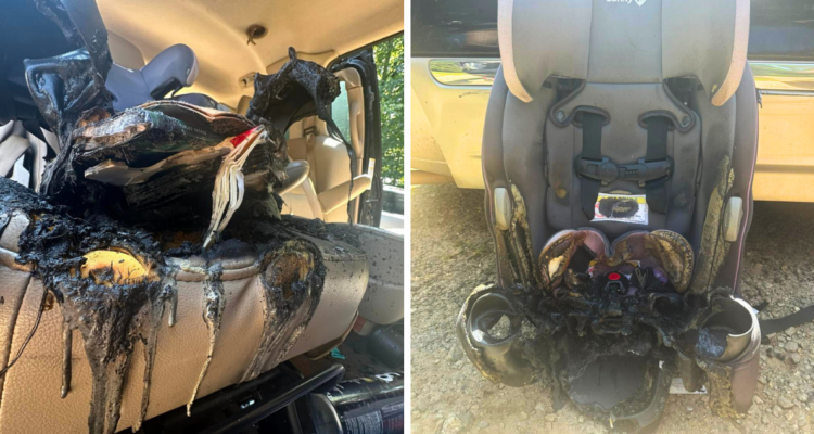 La pila de un botón, dentro de un libro infantil, provocó que el asiento al interior de un vehículo, se incendiara.