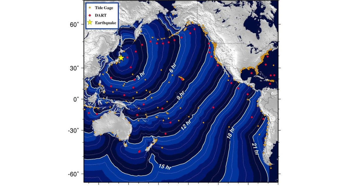 Terremoto de Japón de 2011, tiempo estimado de llegada de tsunamis a otros países