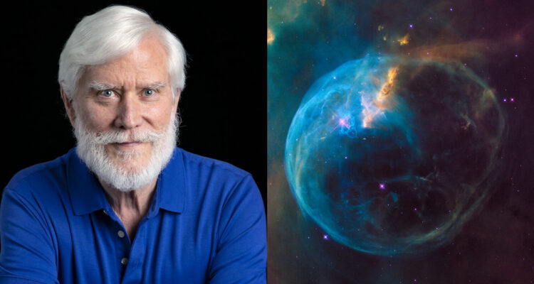 Foto de Thomas Campbell y una imagen representativa dle universo