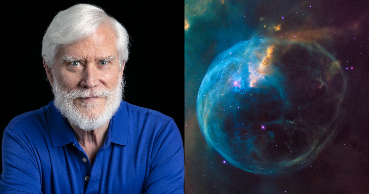 Foto de Thomas Campbell y una imagen representativa dle universo