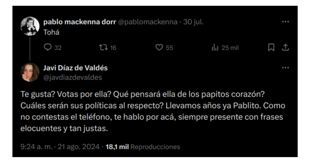 Tweet de Javiera Díaz de Valdés a Pablo Mackenna