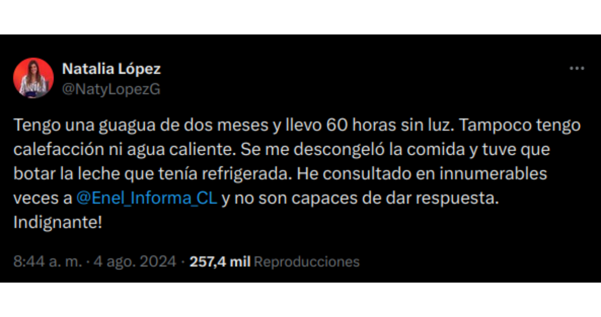 Tweet Natalia López sobre corte de luz