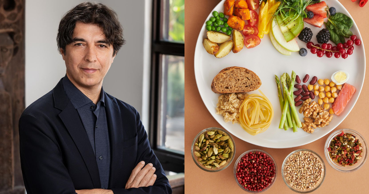 Valter Longo y un plato de comida sana