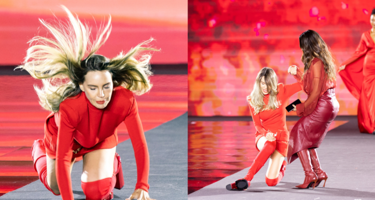 Belinda sufre estrepitosa caída en pleno desfile de moda en París: cantante Anitta la socorrió