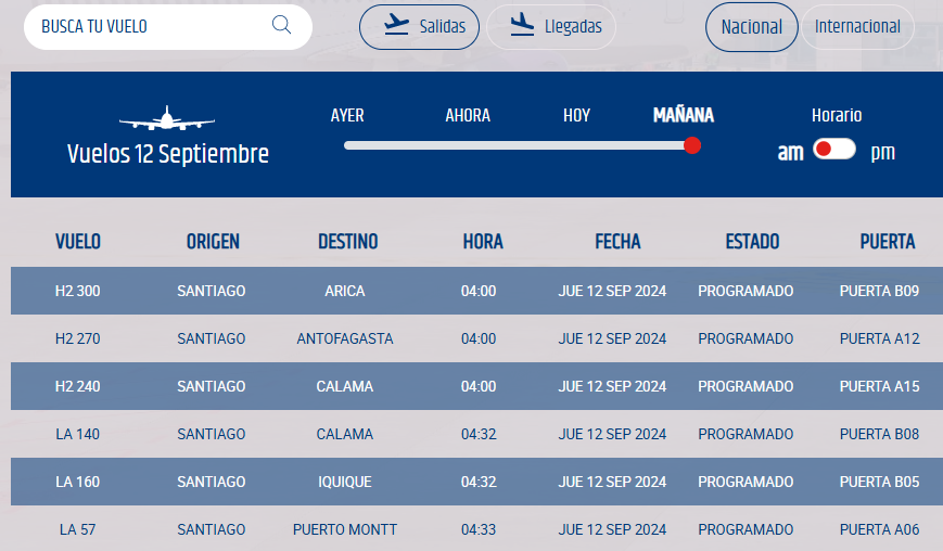 Espacio de la página de Nuevo Pudahuel para revisar el estado de los vuelos nacionales e internacionales