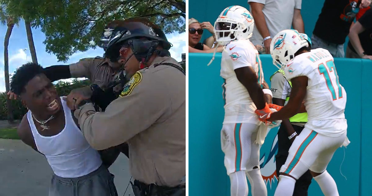 Tyreek Hill detenido por la Policía de Miami y celebrando “esposado” con los Dolphins.