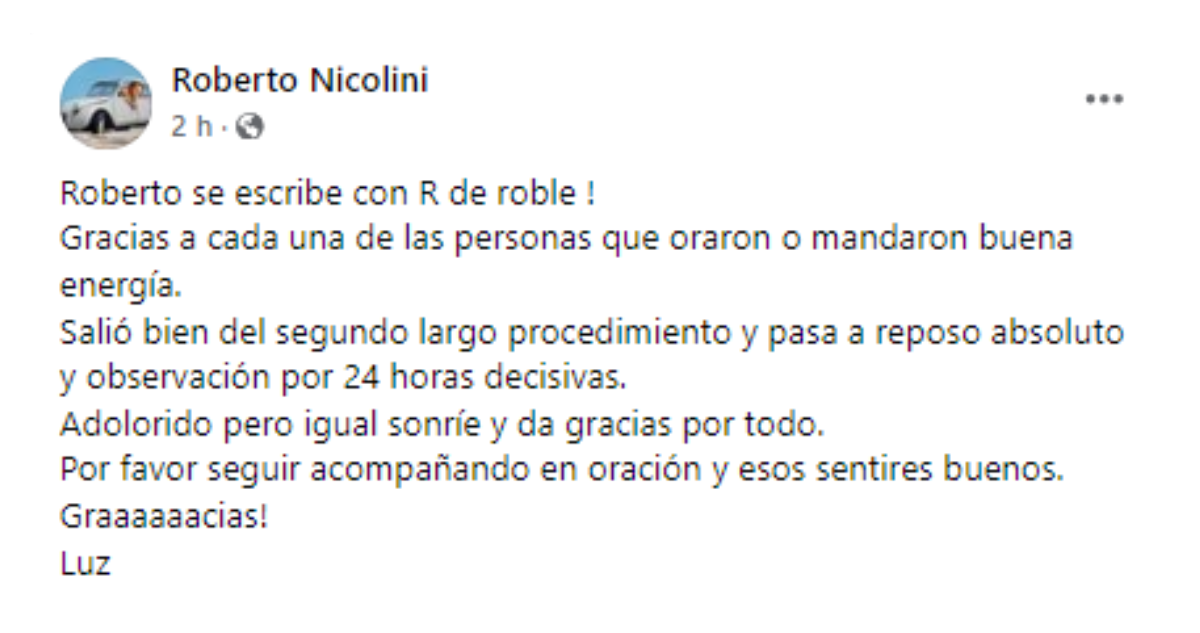 Publicación de la familia de Roberto Nicolini sobre su salud en Facebook