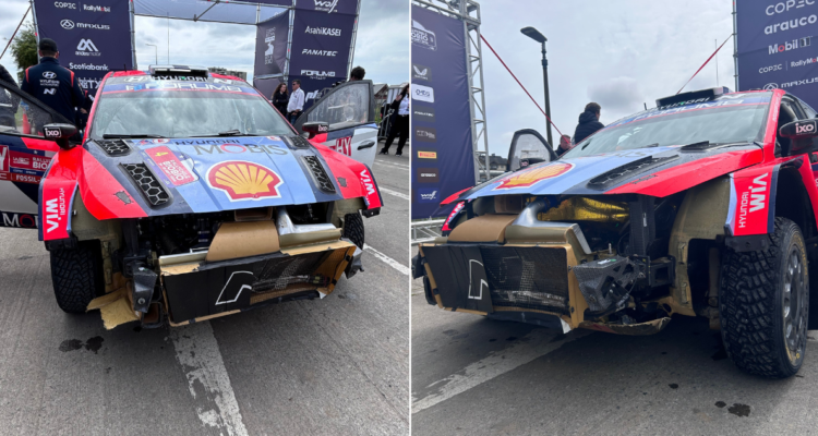 El auto destrozado de Ogier en el Parque de Asistencia de WRC de Chile.