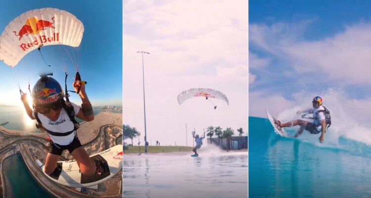 Sebastián Ardilla Álvarez y otro desafío ‘imposible’: saltó de helicóptero en paracaídas y acabó surfeando una ola en Abu Dabi