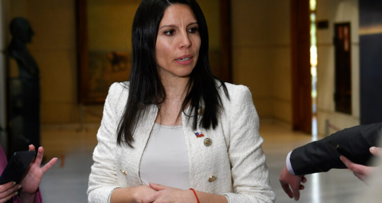 Senadora María José Gatica conversa con la prensa en los pasillos del senado
