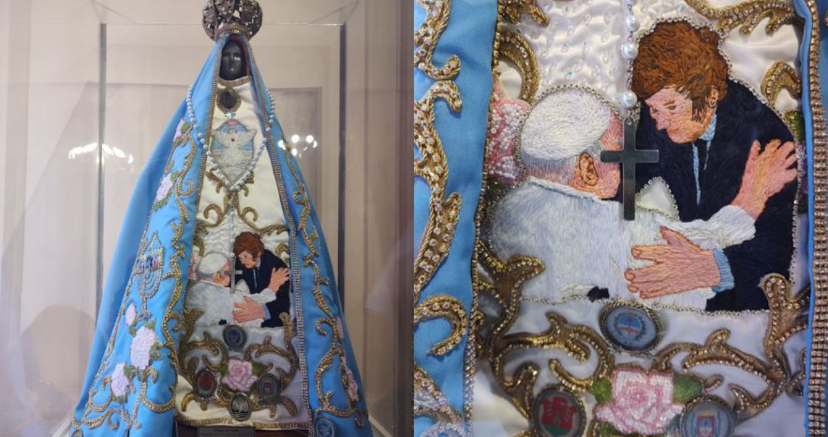 Instalan llamativa Virgen con bordado de saludo entre Milei y Papa Francisco en la Casa Rosada