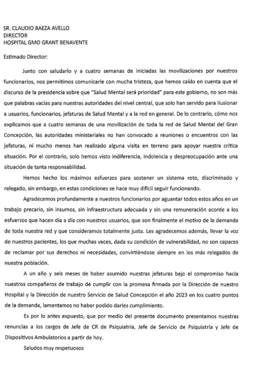 Carta de renuncia jefaturas del Servicio de Psiquiatría del Hospital Regional de Concepción