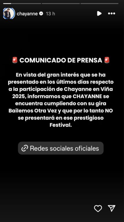 Chayanne se descarta del Festival de Viña del Mar 2025 con un mensaje en redes