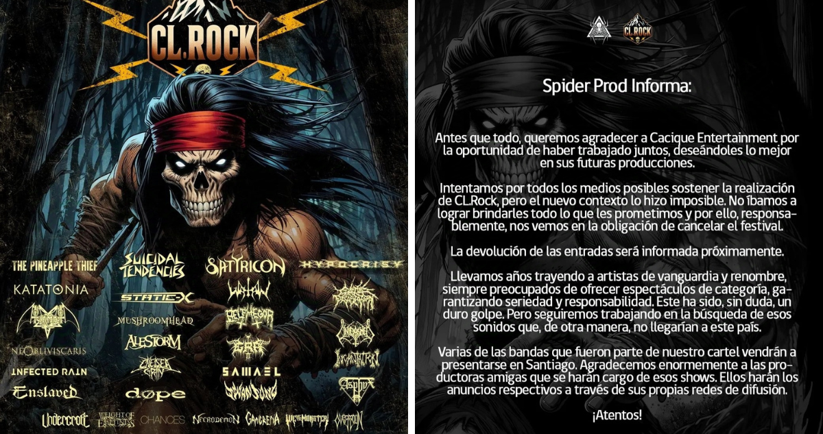 Durante la jornada se confirmó la cancelación del festival CL. Rock, que se realizaría el 10 de noviembre en el Hipódromo Chile.