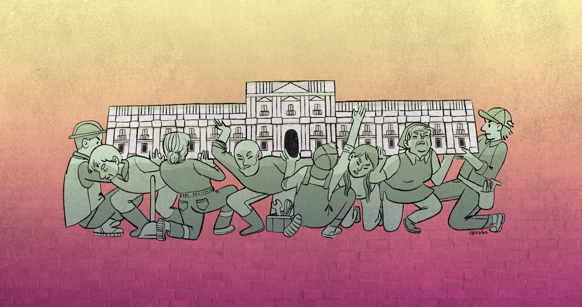 Trabajadores sosteniendo La Moneda